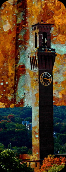 waterbury clock tower with a rust textured background / overlay